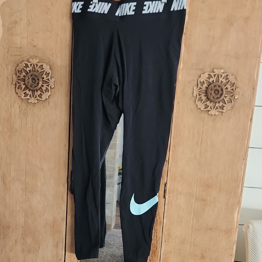 Nike Black Leggings with Light Blue Logo, Size L